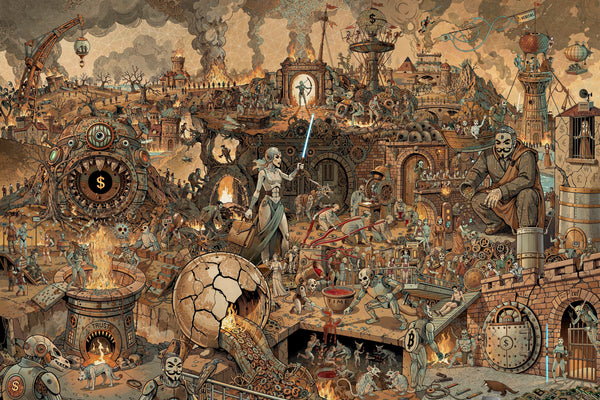 Furia Fiat by Lucho Poletti, a Bruegel-style Bitcoin allegory: a single unbroken burning landscape with a dollar-sign maw on the left, a woman with a blue blade at the center, and a giant in the Satoshi mask distributing coins on the right.