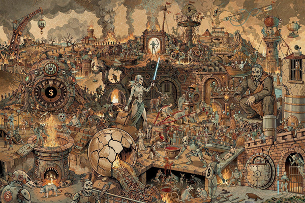 Furia Fiat by Lucho Poletti, a Bitcoin reworking of Pieter Bruegel the Elder's Dulle Griet, showing an armoured figure striding away from a hellmouth past a giant handing out coins.