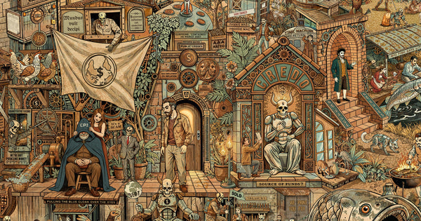 The center of Fiat Moria by Lucho Poletti: an old man under a blue CPI hood on a stage marked PULLING THE BLUE CLOAK OVER THE EYES, a man in a doorway under an arch reading MONEY ₿ BETTER WORLD, and a horned dollar-sign skull idol in a CREDO shrine.