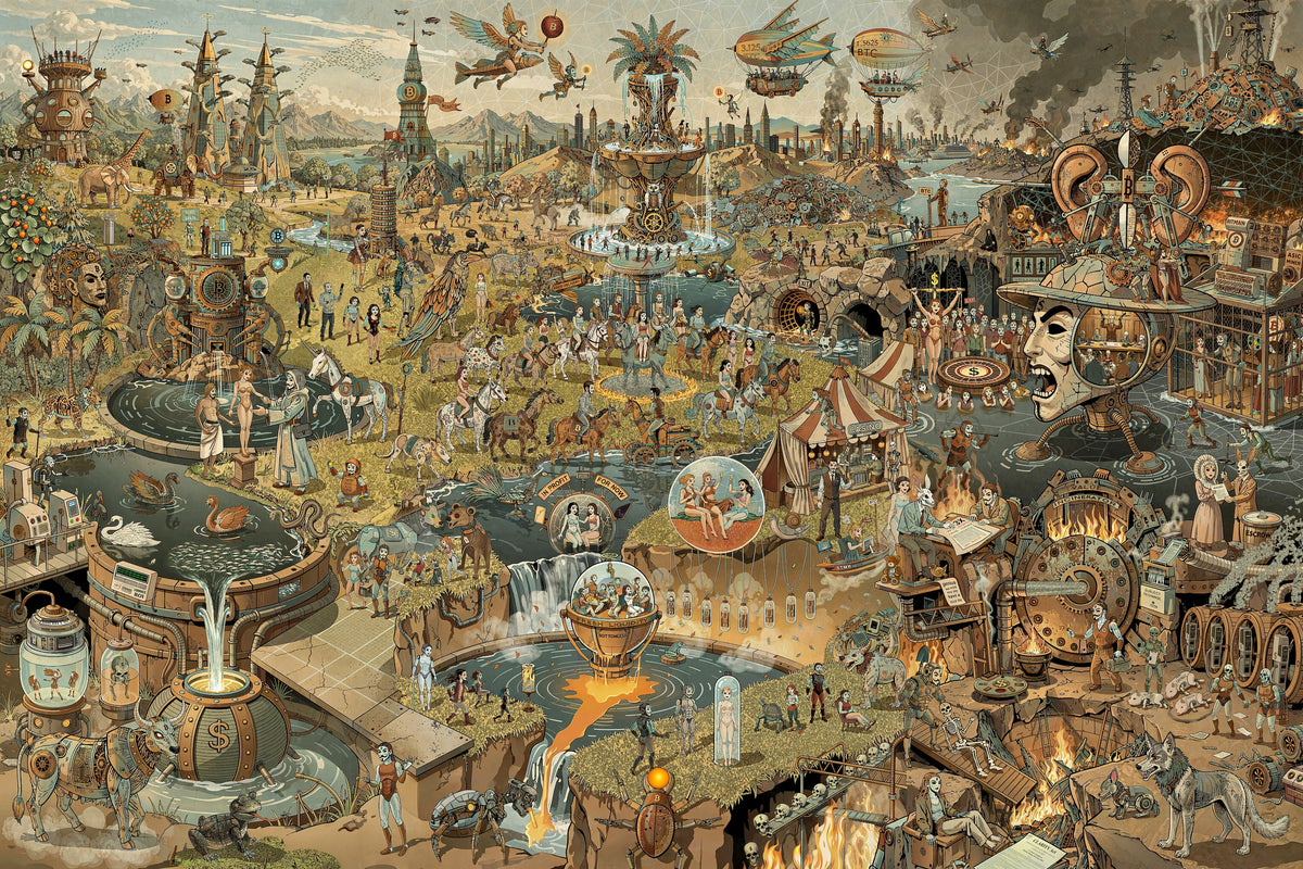 Fiat Lucrum: Let there be profit, by Lucho Poletti. Bosch's Garden of Earthly Delights redrawn for the fiat age: paradise on the left, the party in the middle, the price on the right. Ten Decrees #02.
