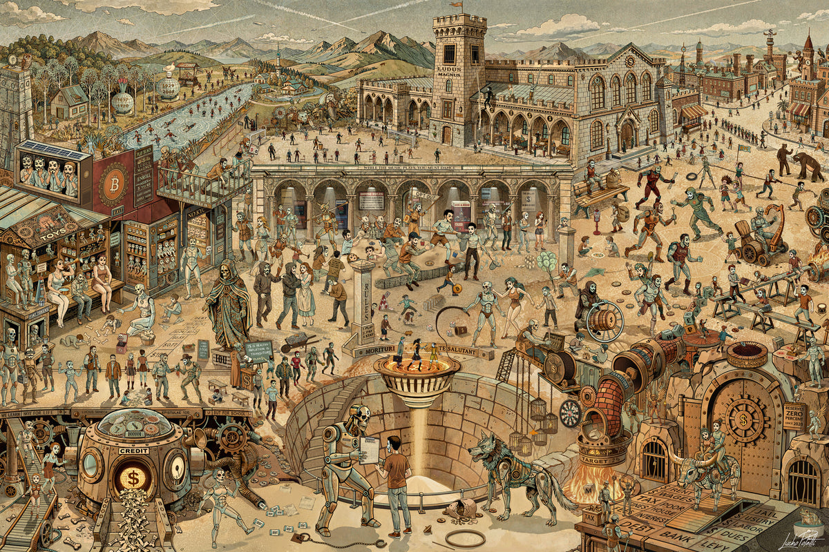 Fiat Ludus by Lucho Poletti, after Bruegel's Children's Games: a crowded town square seen from above, with a game hall in the middle, a castle tower at the top and a round arena cut into the ground at the bottom.