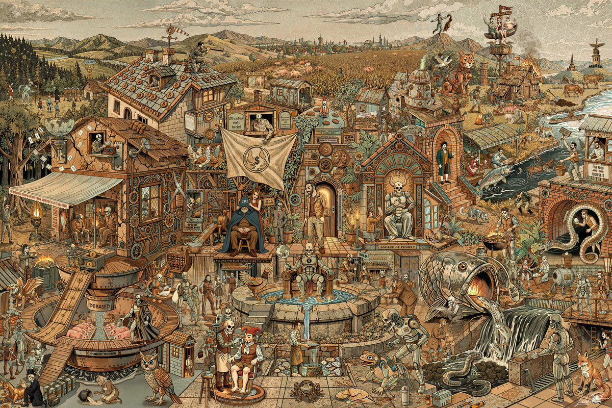 Fiat Moria by Lucho Poletti, after Bruegel's Netherlandish Proverbs: a crowded village seen from above, with a banner hanging an upside-down dollar world in the middle, a CREDO shrine to a horned dollar-sign idol, a robot on a throne in a fountain, and a giant fish with a fire in its mouth on the right.