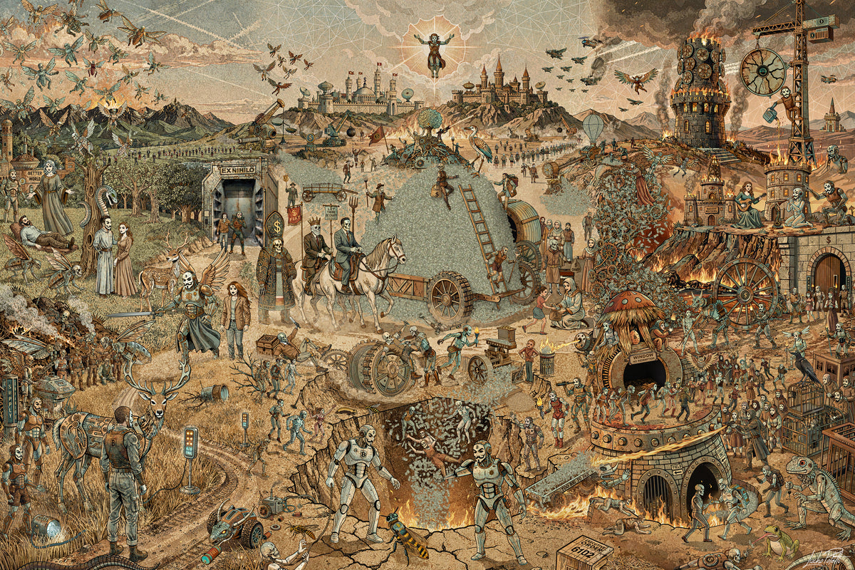 Fiat Palea by Lucho Poletti, Ten Decrees #03, after Bosch's Haywain Triptych. One wide canvas read left to right: a garden under a BETTER MONEY dome, an empty vault lettered EX NIHILO, a mound of dollar bills on a wagon with crowned skulls riding behind it, a fanning mill lettered SEPARATOR, a furnace burning bills and a tower lettered TRUST on fire.